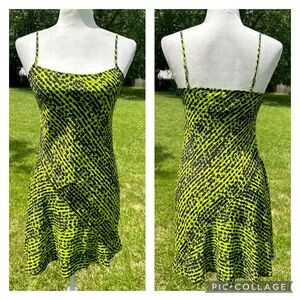 Collusion Neon Green Black Abstract Print Strappy Cami Slip Dress Brat XS 2 4